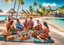 A group of Fijian men wearing colorful Bula shirts and Fijian women in traditional island wear made from Tapa cloth, enjoying a picnic on a sandy beach