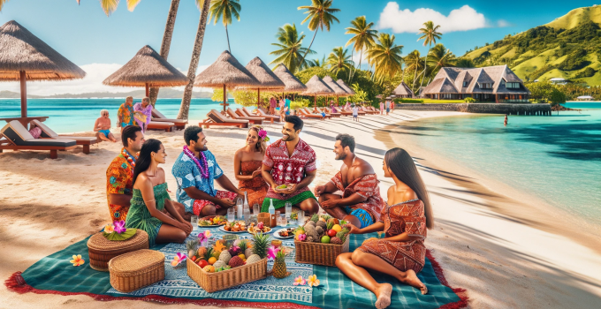 A group of Fijian men wearing colorful Bula shirts and Fijian women in traditional island wear made from Tapa cloth, enjoying a picnic on a sandy beach
