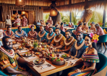 A group of Fijian men wearing traditional bula shirts and Fijian women adorned in colorful jamba, gathered around a dining table in a restaurant