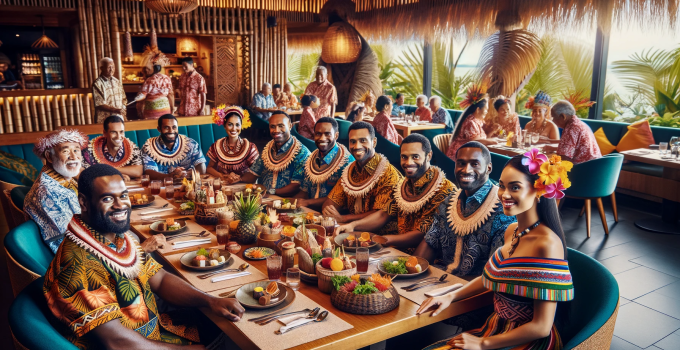 A group of Fijian men wearing traditional bula shirts and Fijian women adorned in colorful jamba, gathered around a dining table in a restaurant