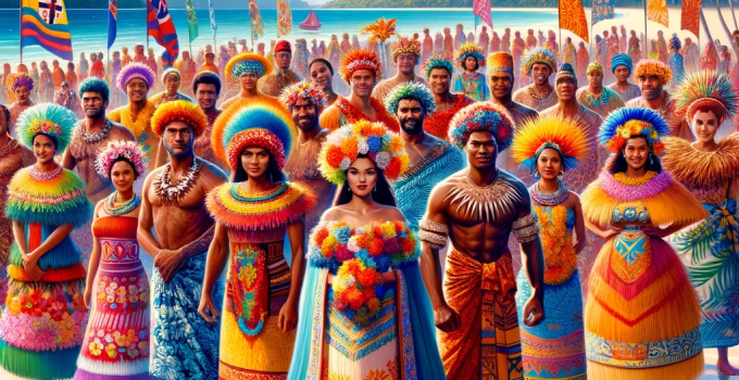 A vibrant, colorful scene on a tropical beach, showcasing a diverse group of Fijians and Polynesians wearing traditional attire