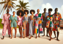 A diverse group of people of various body types and ethnicities, each wearing unique, custom-made island