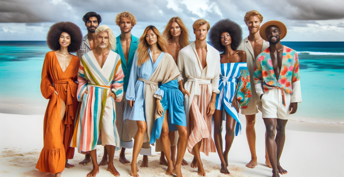 A vibrant, diverse group of people of various body types and ethnic backgrounds, each wearing custom-made island wear.