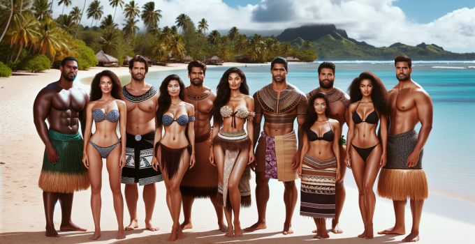 Polynesian people of diverse body types, wearing traditional and modern Polynesian attire, standing together on a tropical beach.