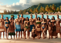 Polynesian people of diverse body types, wearing traditional and modern Polynesian attire, standing together on a tropical beach